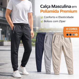 Calça Jogger Masculina Poliamida Premium Com Bolso Zíper Secagem Rápida e Não Amassa em Oferta na Shopee