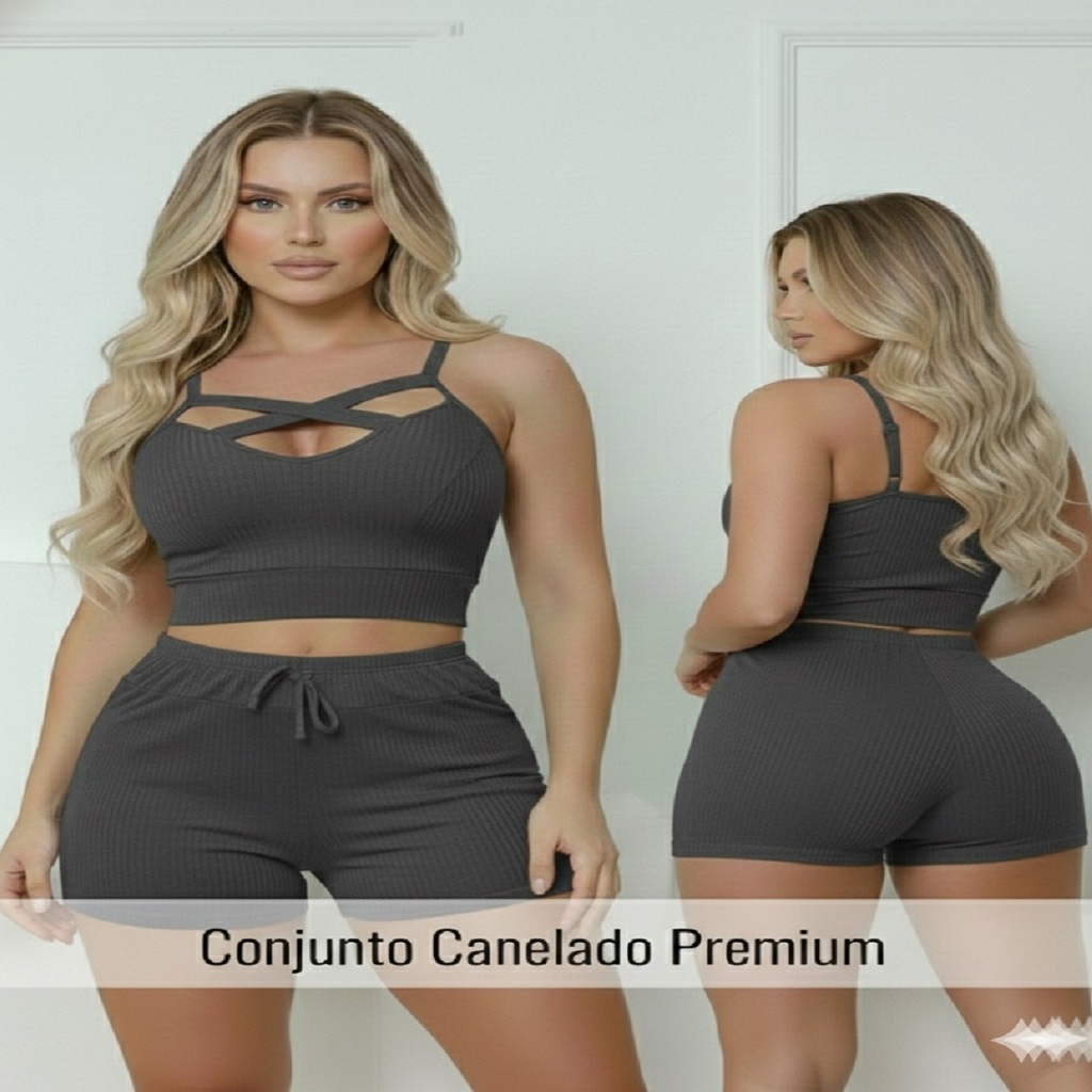Conjunto Cropped e Short Canelado Com Bojo Cintura Alta Moda Verão 2026 Tendência Blogueira