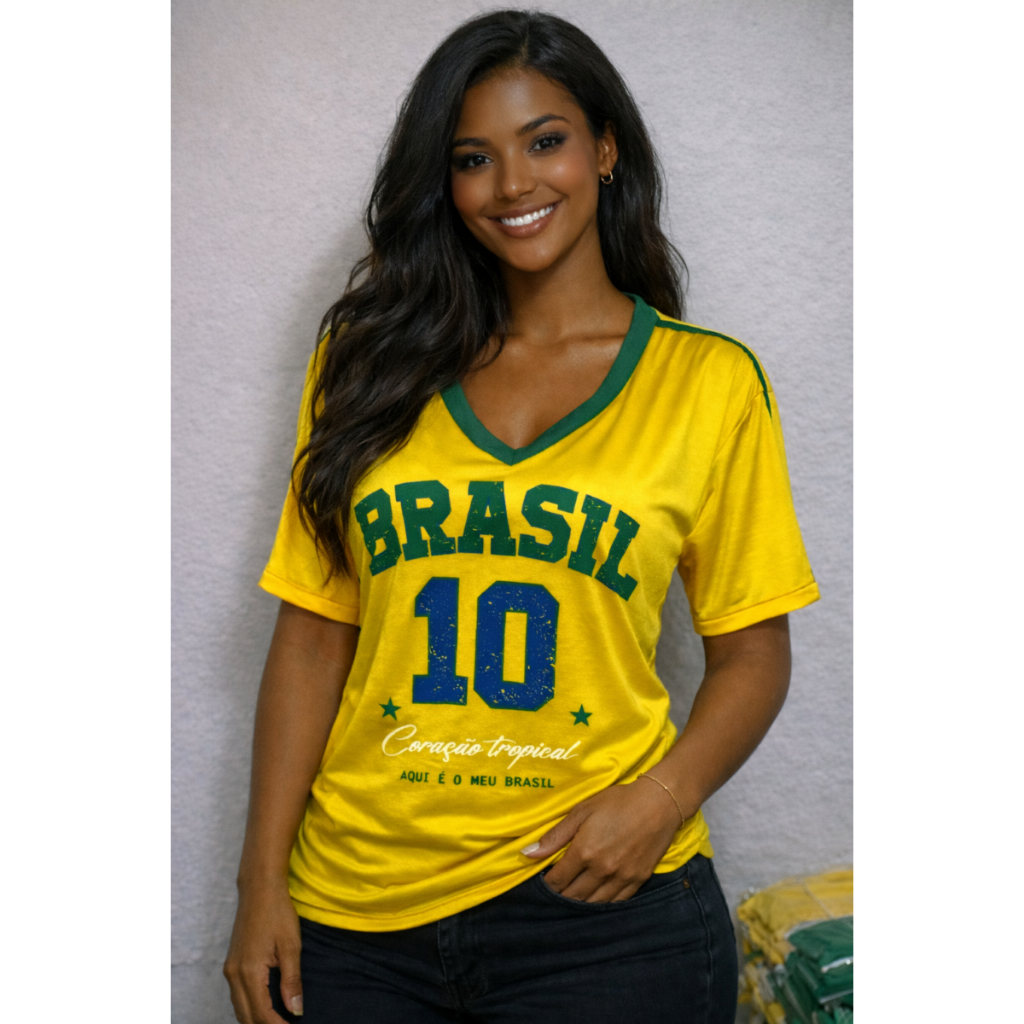T-Shirt, camiseta Feminina Brasil Gola V,  Seleção Brasileira , Copa,  malha romantic  macio e confortavel.