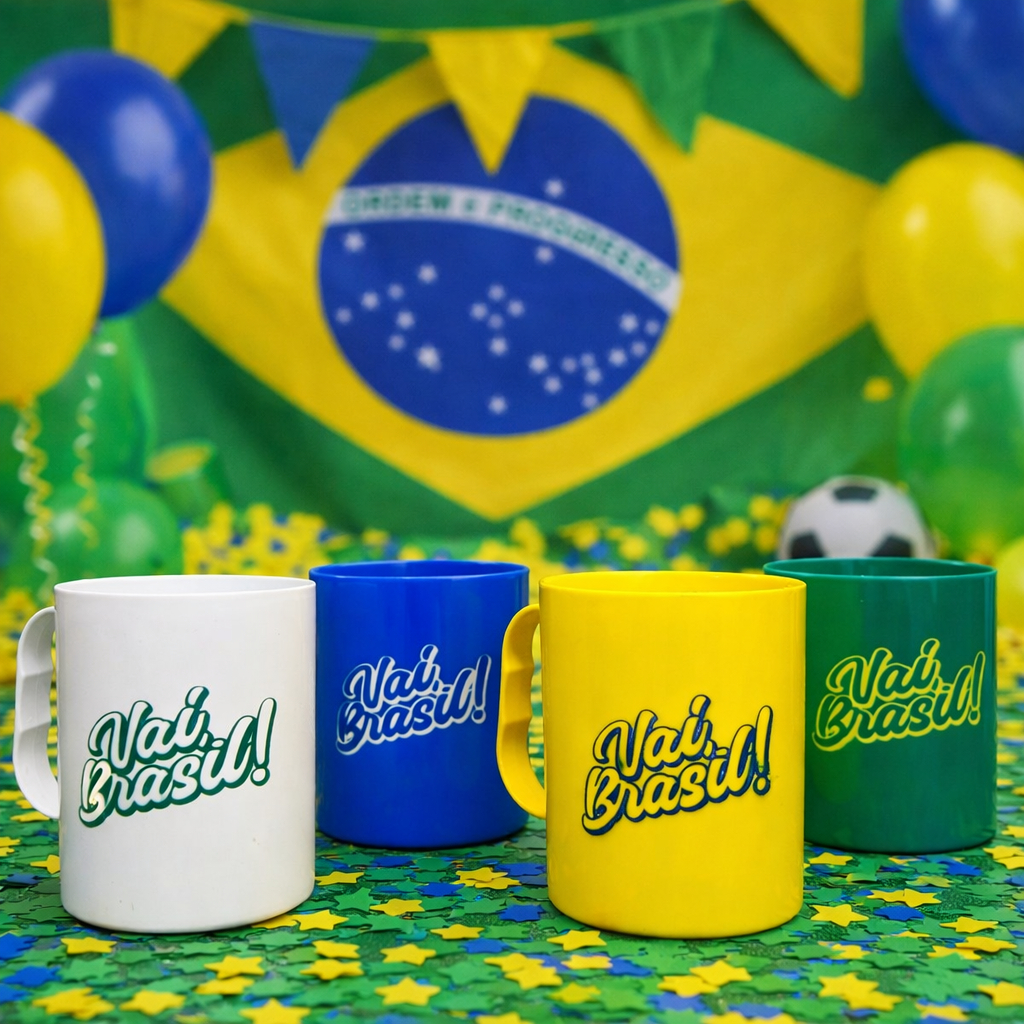 Kit 4 Canecas Coloridas VAI BRASIL! 400ml Plástico - seleção brasileira, copa do mundo, variado