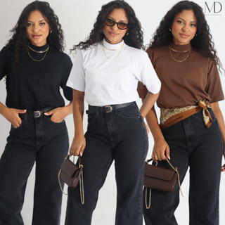 Kit 3 T-Shirt Feminina Blusa Gola Alta Camiseta Manga 3/4 100% Algodão Básica em Oferta na Shopee