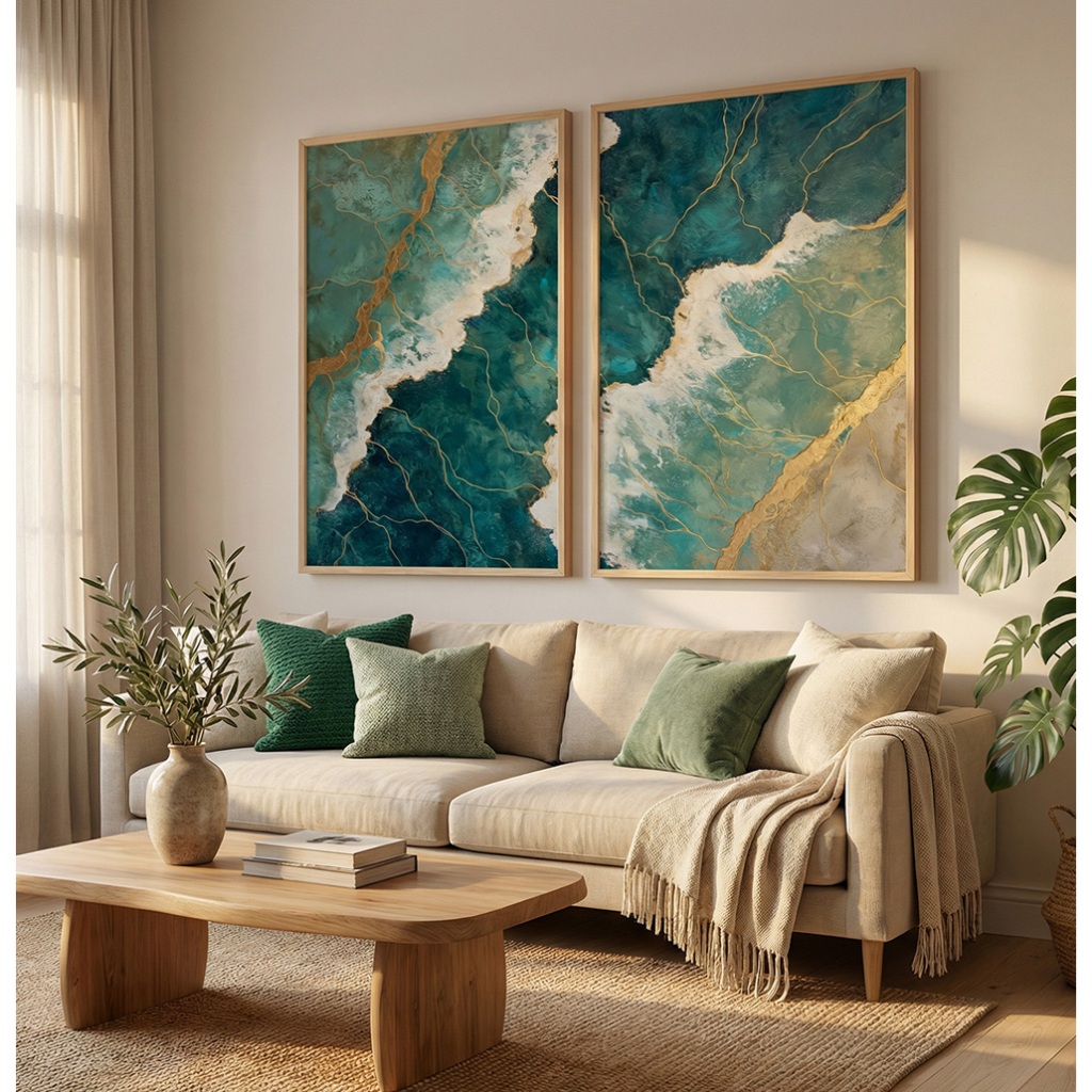 Quadro Moderno Abstrato Grande Kit 2 Quadros Decorativos Sala Com Moldura Quadro Dourado Mar Verde em Oferta na Shopee