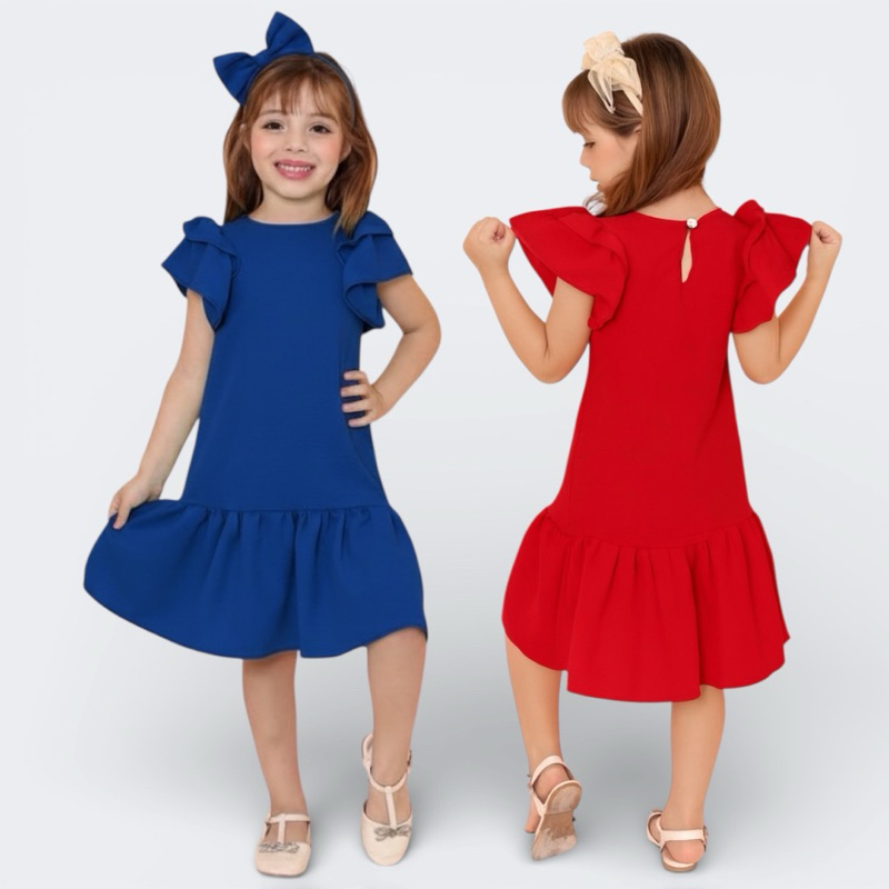 Vestido  Infantil menina Duna Premium Manga Princesa com Babado– Longo - festas- Vermelho,Rosa,verde, azul 2 4 6 8 anos em Oferta na Shopee
