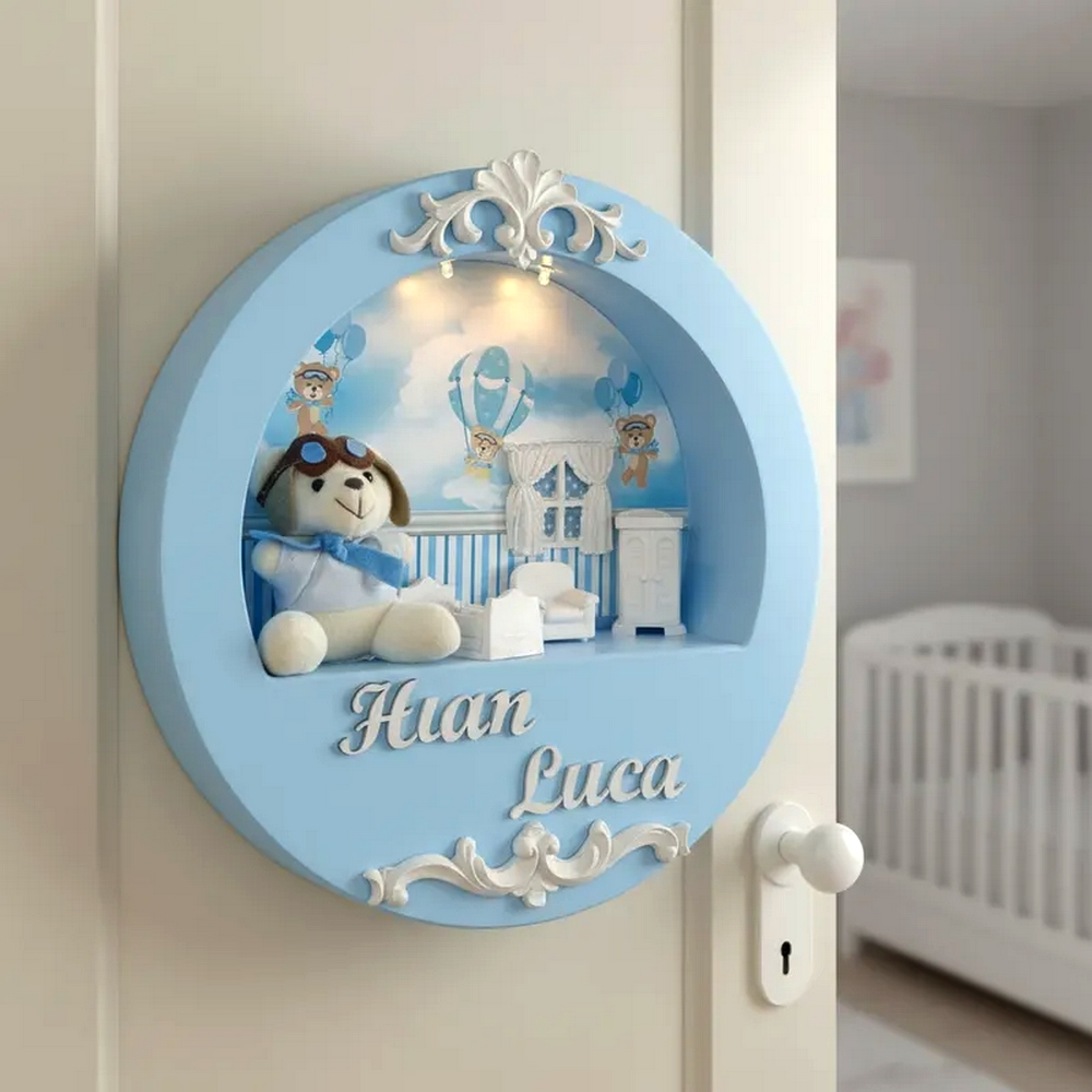 Enfeite de porta maternidade masculino feminino nicho led  nome ursinho ursinha balão baloeiro azul bebê e branco rosa