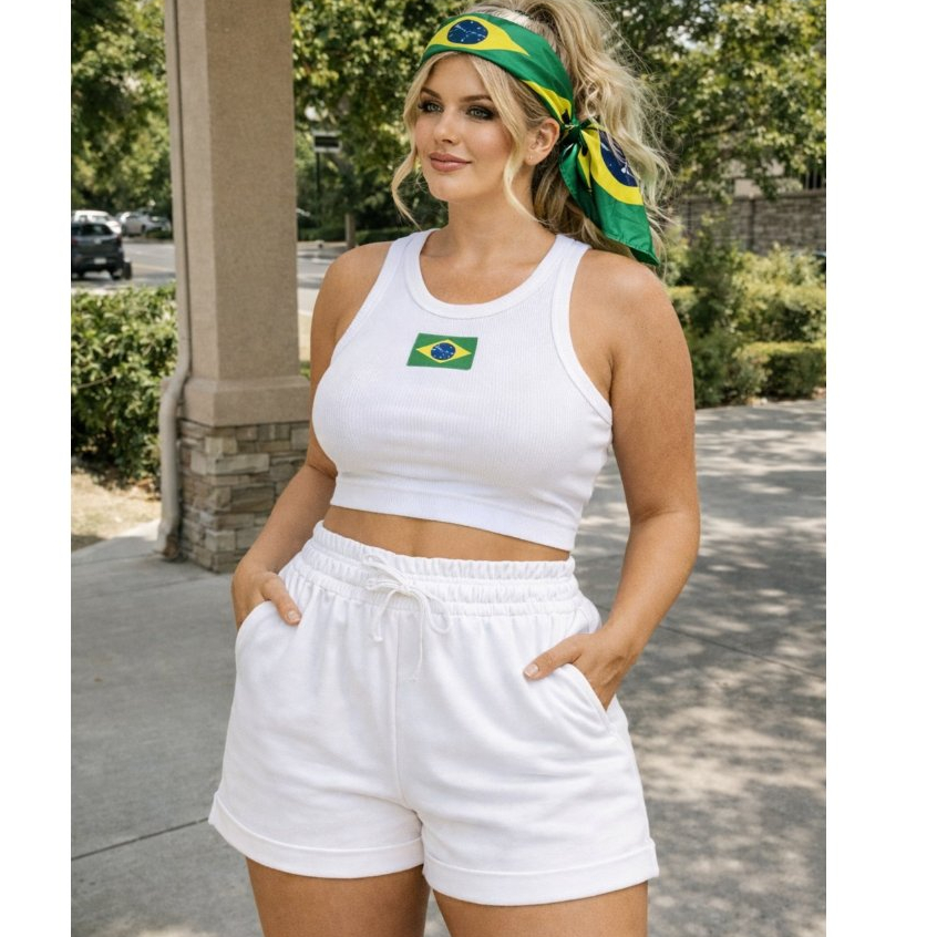 Conjunto Feminino Estilo Brasil Regata Cropped + Shorts Fashion +LENÇO BRINDE