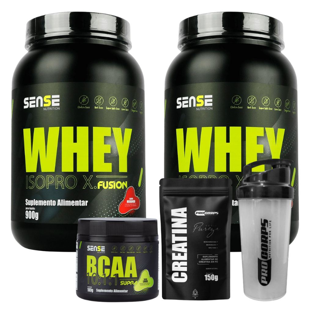 2 Whey Protein 900g + BCAA 100g + Creatina Pura 150g + Coqueteleira - Sense