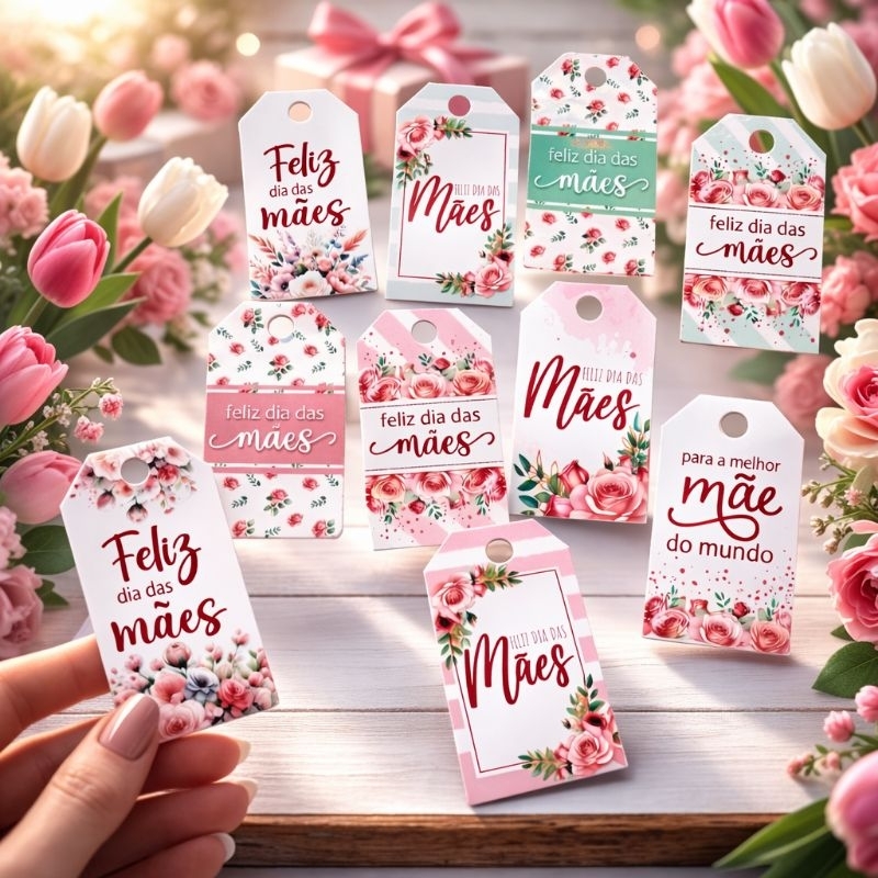 100 Etiquetas, tags, Feliz dia das mães, 10 artes sortidas 6,5x3,7cm, para caixas, sacolas...