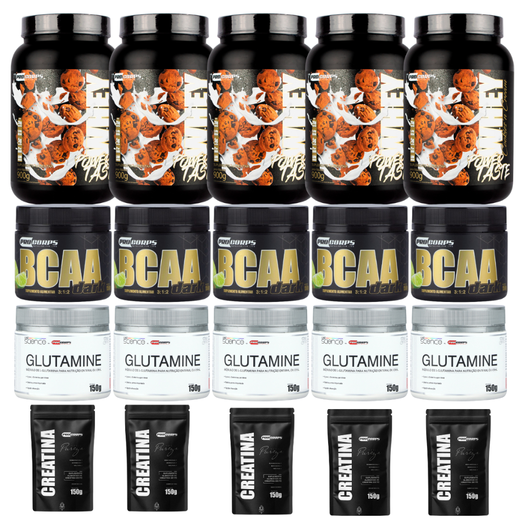 Kit Completo Academia 5 Whey 900g + 5 Creatina 150g + BCAA 150g + Glutamina 150g
