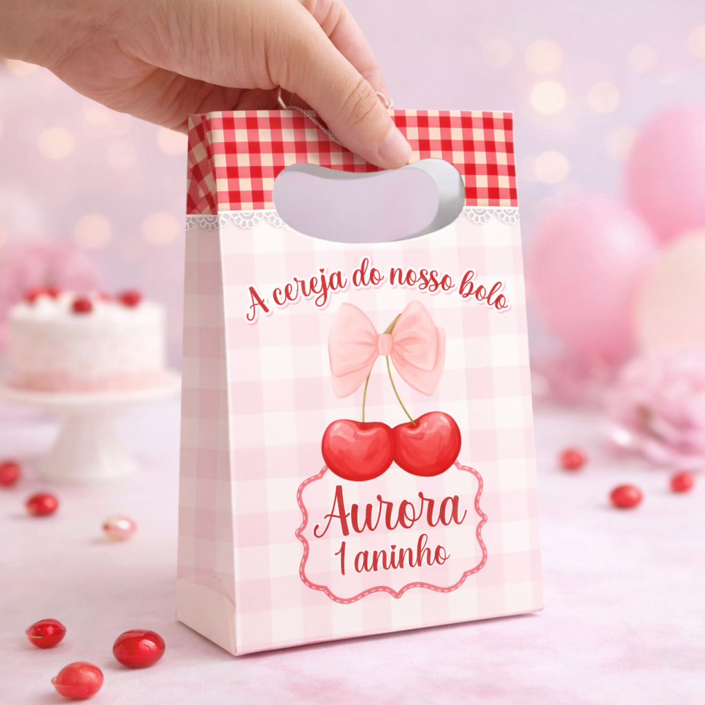 Sacolinha Personalizada Cerejinha Nome e Idade Lembrancinha Festa Infantil