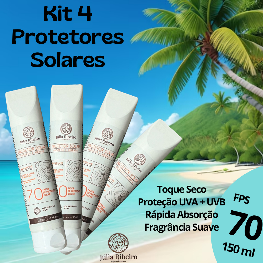KIT 4 Protetor Solar FPS 70 150ml – Proteção UVA/UVB | Toque Seco e Rápida Absorção | Uso Diário Rosto e Corpo