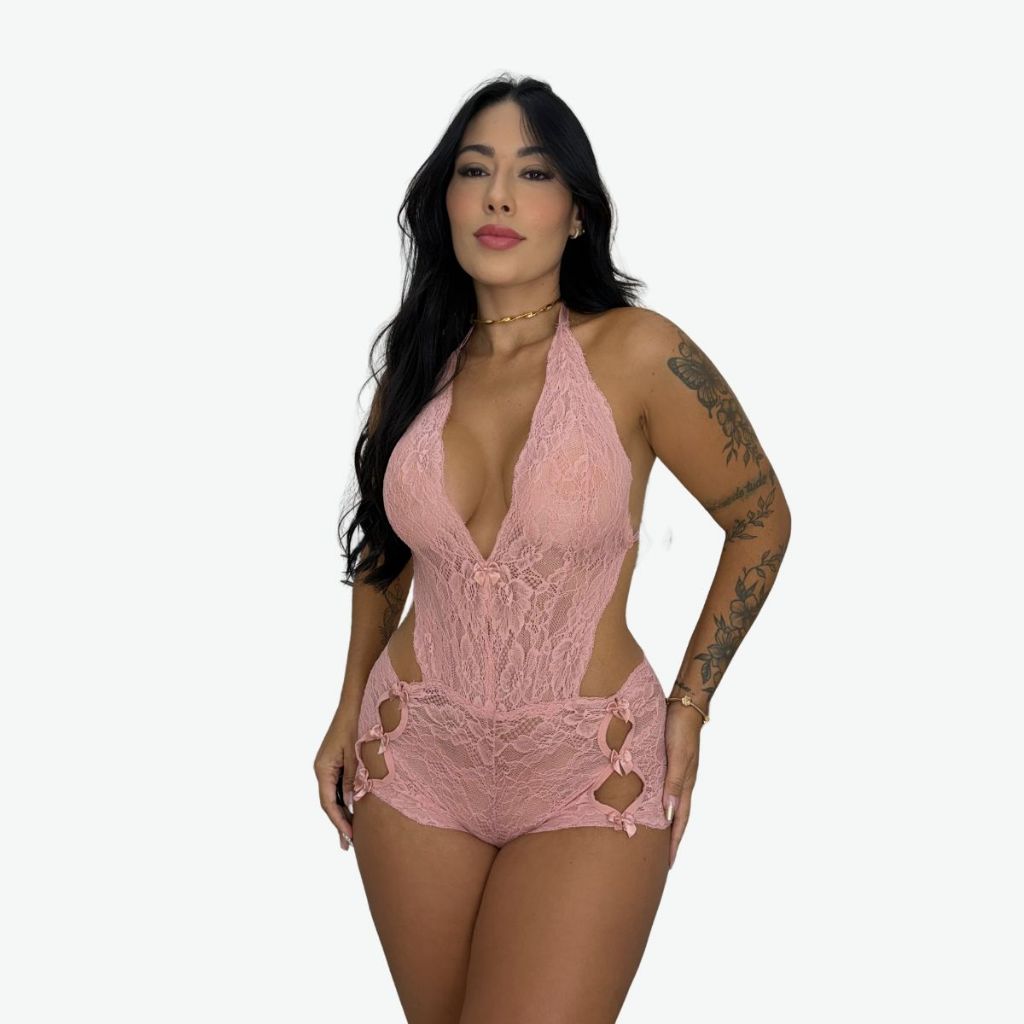 Body Feminino Renda Sexy Transparente Lingerie Sensual Sem Bojo Luxo Cavado Costa Nua Com Amarração