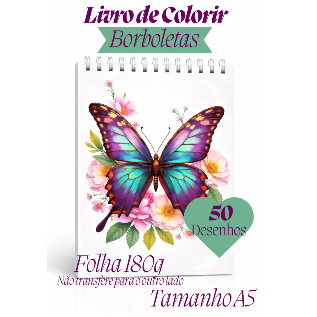 Livro de Colorir Borboletas 50 Páginas 180g Adulto Antiestresse