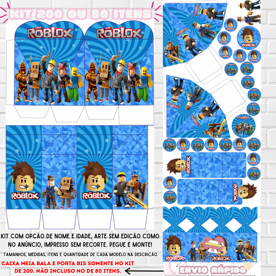 KIT COM 200 OU 80 ITENS/LEMBRANCINHAS (COM TAGS, APLIQUES E CAIXAS) (COM/SEM NOME) TEMA: ROBLOX em Oferta na Shopee