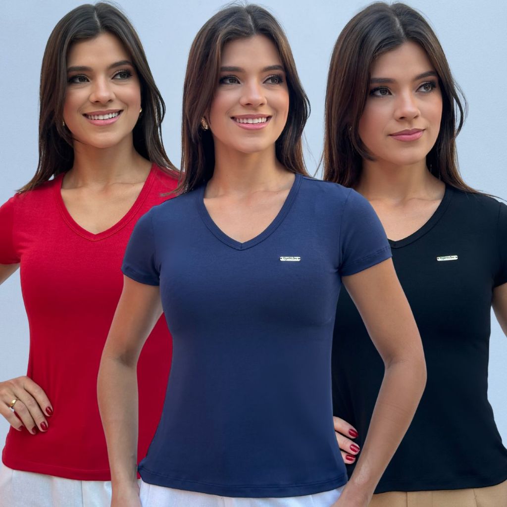 Kit 3 Baby Look Gola V Moda Básica Atual  Blusa Feminina Malha Viscolaycra  Manga Curta Confortável Elegante Moderna em Oferta na Shopee