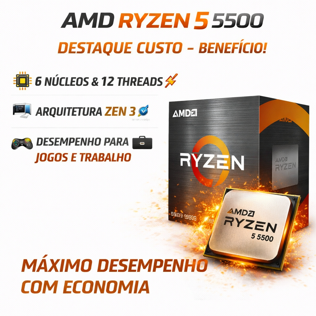 Processador AMD Ryzen 5 5500 3.6GHz (TURBO 4.2GHz) 16MB CACHE AM4