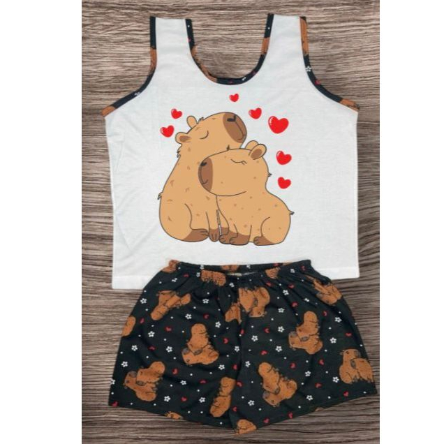 Pijama short doll infantil capivara baby doll feminino camiseta malha verão personagens