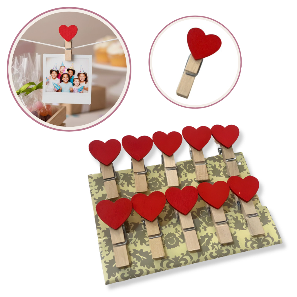 Mini Pregador de Coração de Madeira 3,5 cm Varal Romântico com Fio de Juta Surpresa Amor Cesta Festa