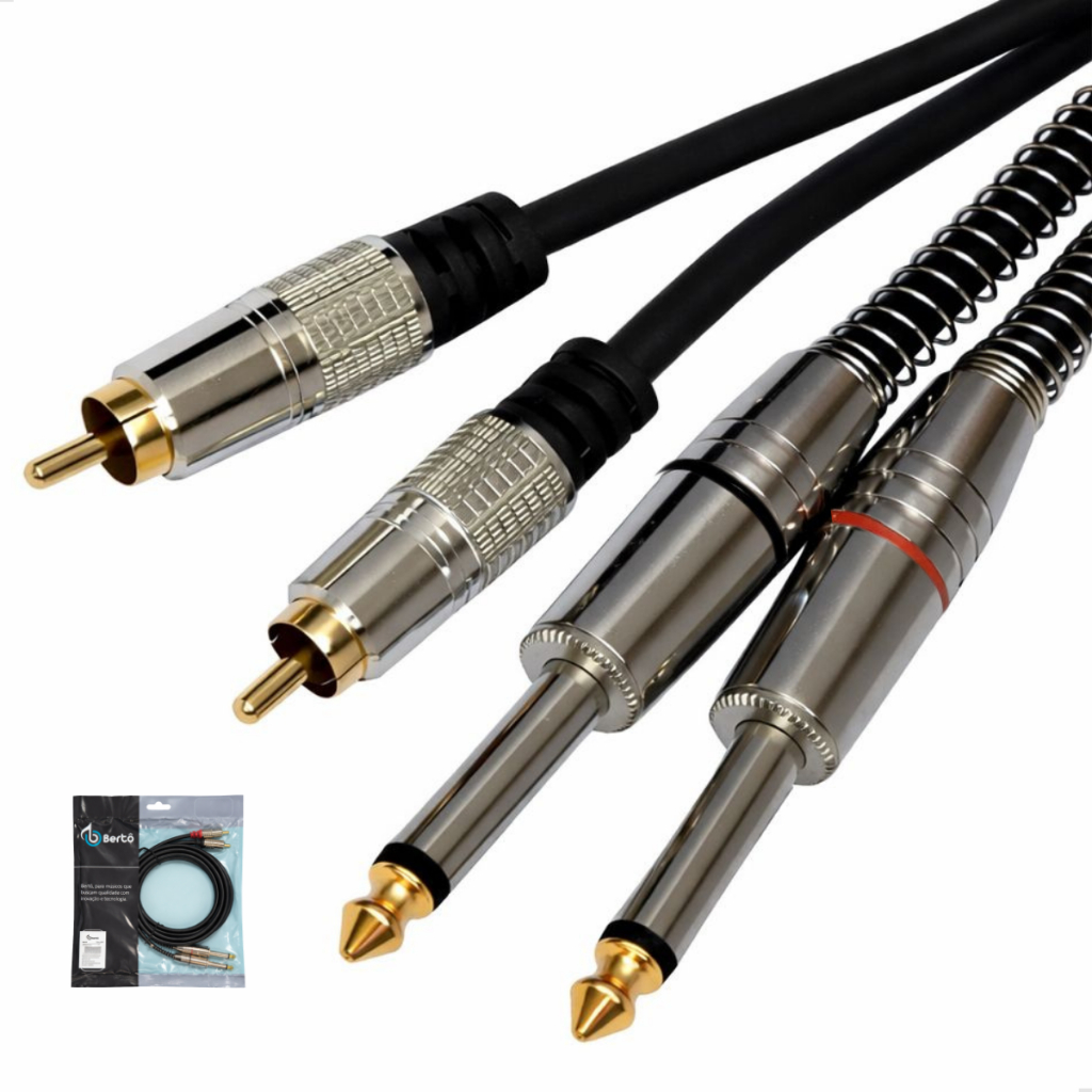Cabo Áudio Plug 2 Rca + 2 P10 Mono Blindado Profissional Bertô Preto - 1,80cm em Oferta na Shopee