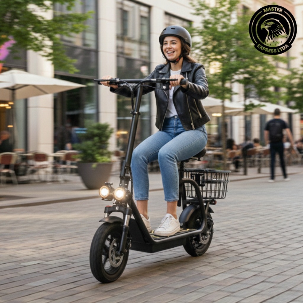 Scooter Elétrica 500W 48V com Banco, Cesta Traseira, Caixa de Som Bluetooth, LED e Freio a Disco