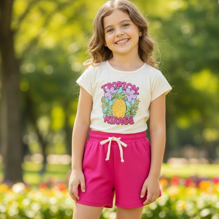 Conjunto Infantil Feminino Estampado – Camiseta + Shorts – Tamanhos 4 ao 12 Modelos Variados