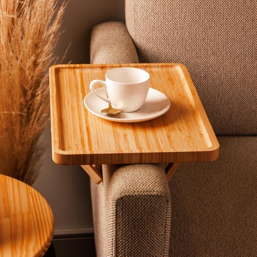 Bandeja Retangular e Redonda de Bambu Dobrável para Braço de Sofá -  Suporte de Copo -  Co...