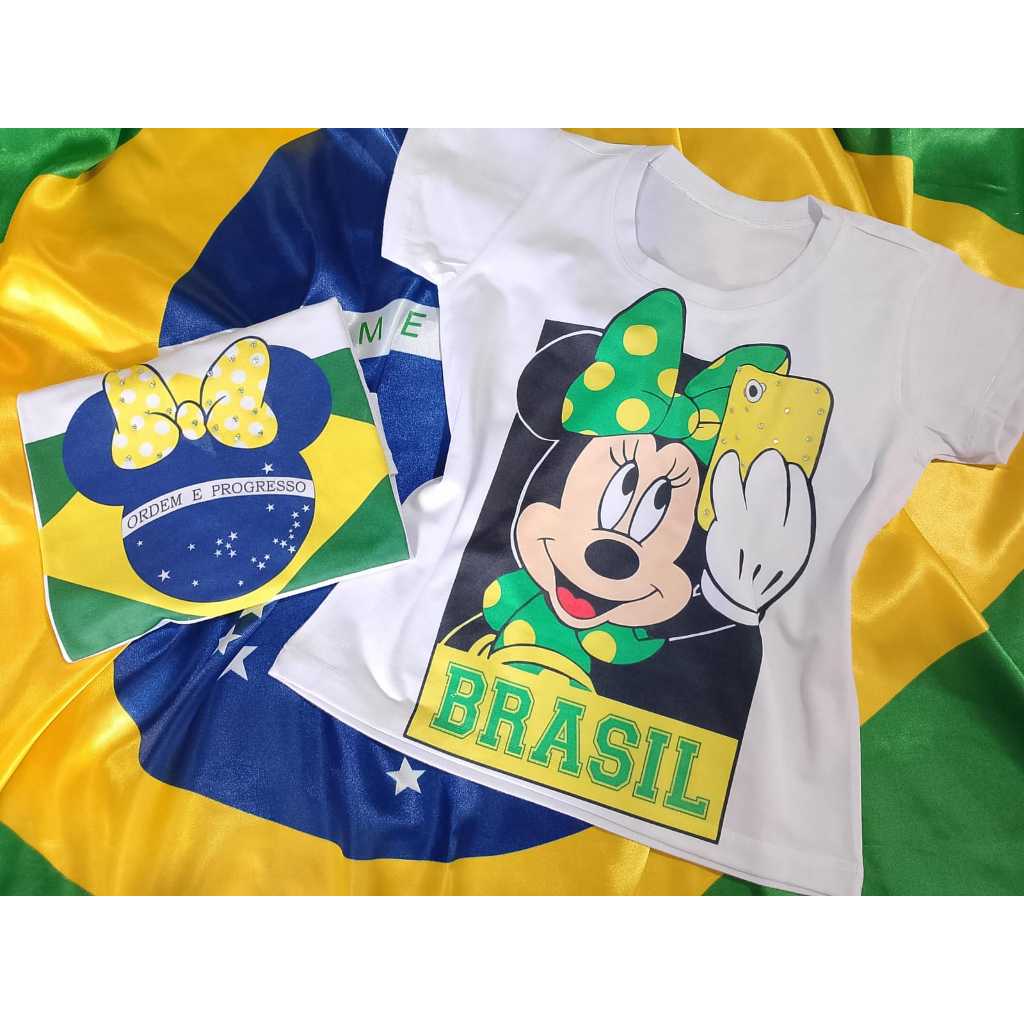 Camiseta Infantil Menina Copa do Mundo 2026, Brasil, Linda, desenhos com aplicações em Strass, Lançamento, Brasil, Minie