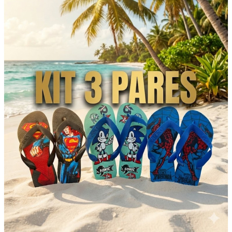 Kit 3 Pares Chinelo Infantil Masculino Menino Heróis–Conforto e Diversão