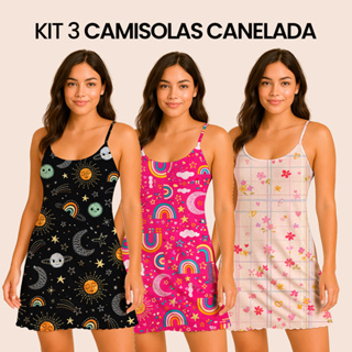 Kit 3 Camisolas Pijama Feminino Estampada Tecido em Suede Canelado - Tamanhos P, M, G, GG em Oferta na Shopee
