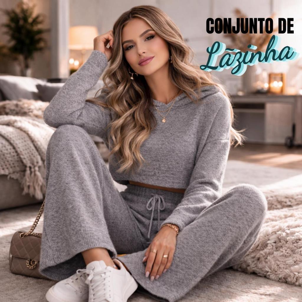Imagem Conjunto Feminino de Lãzinha Inverno Blusa Cropped + Calça Pantalona Conjunto Loungewear Confortável