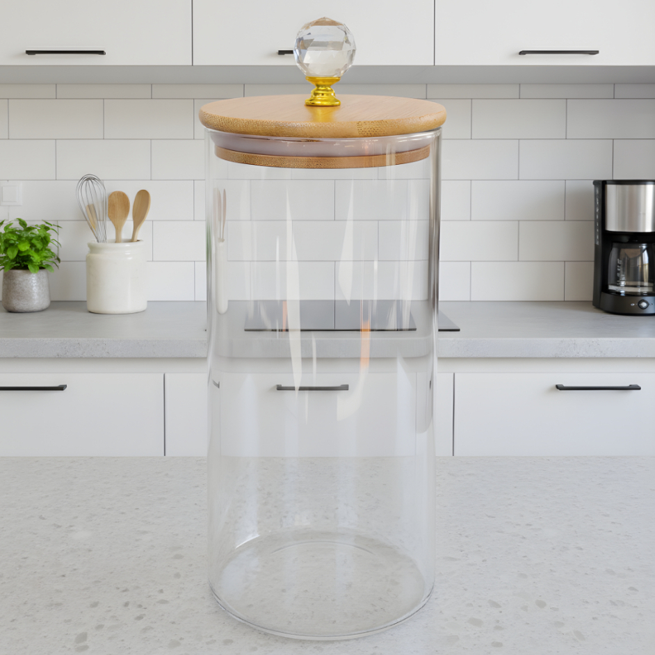 Pote Hermético Vidro 1300ml Transparente para Mantimentos Cozinha Porta Temperos Tampa de Bambu com cristal