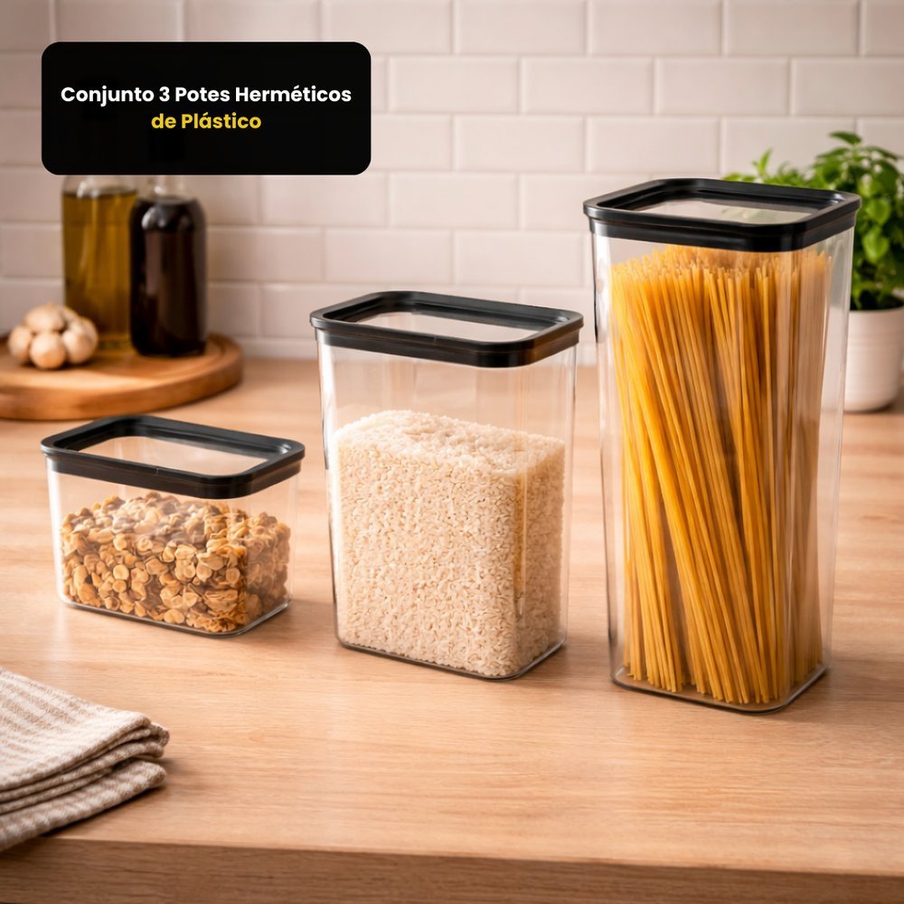 Conjunto 3 Potes Herméticos porta mantimento retangular ou quadrada transparente com tampa