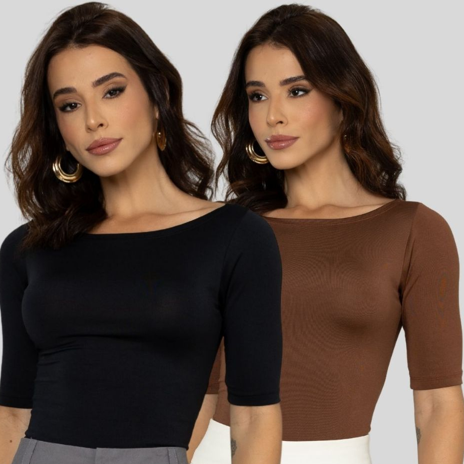 Kit 2 Blusas Feminina BabeTee Gola Canoa Manga 3/4 Trabalho Dia a Dia