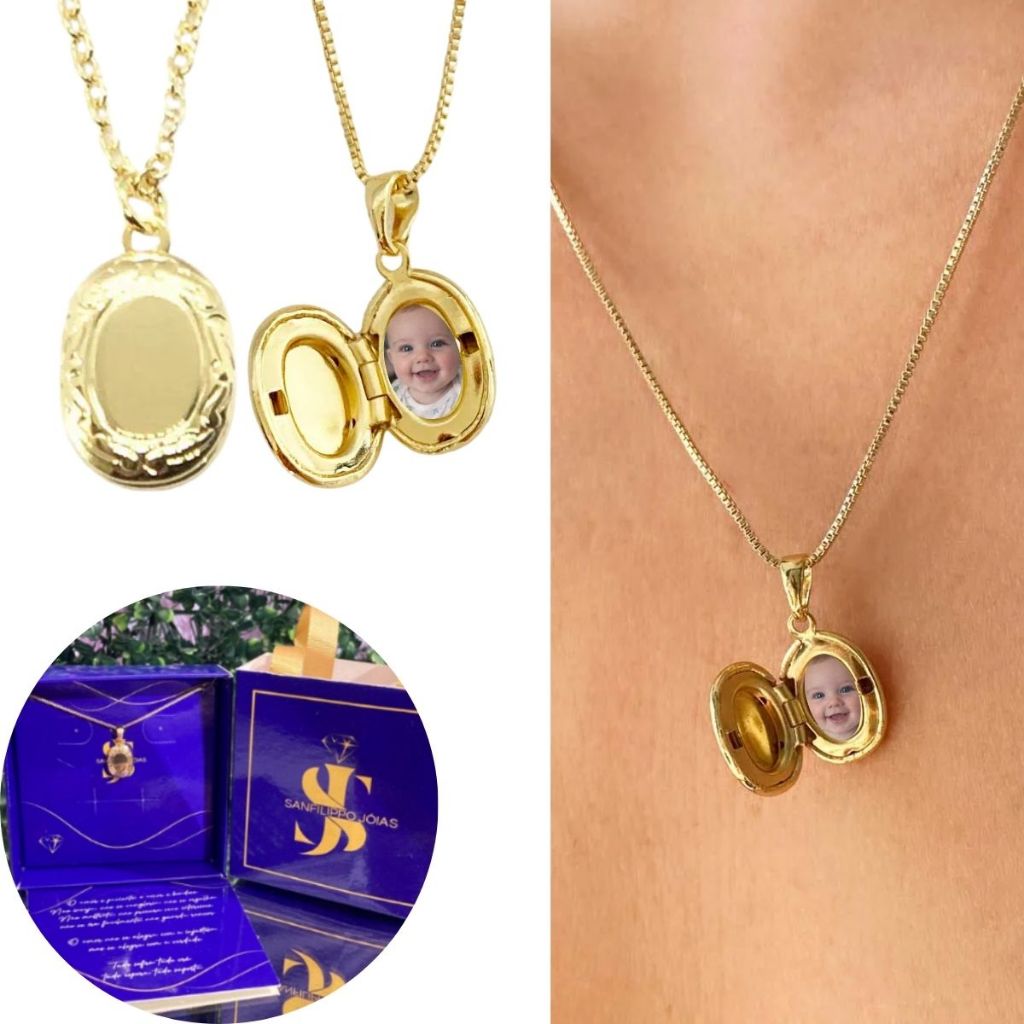 Relicário Masculino Ouro 18k mini + Fotos + corrente de 60cm+ caixa + folheado com garantia antialérgico