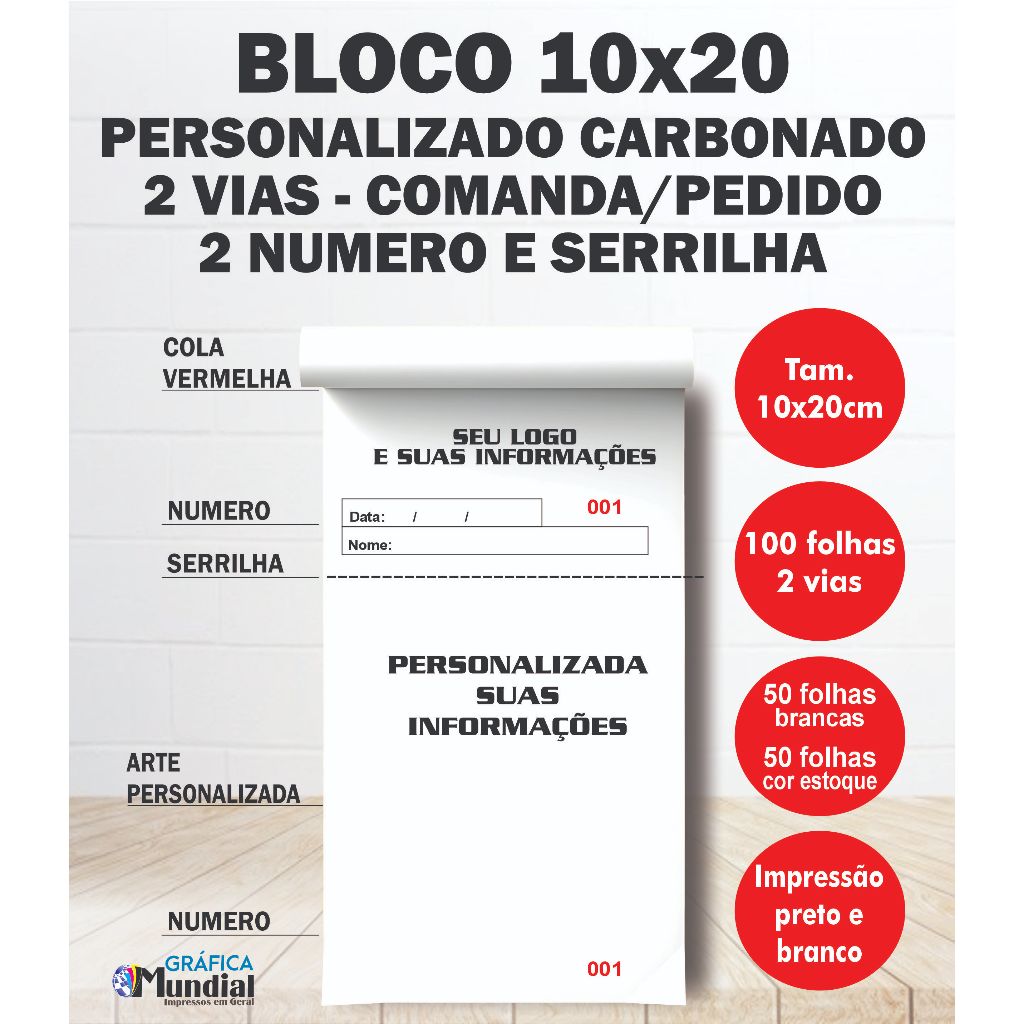 10 Talões Personalizados 10x20 Carbonado 2 vias 100folhas cada bloco SERRILHA /NUMERO Comanda