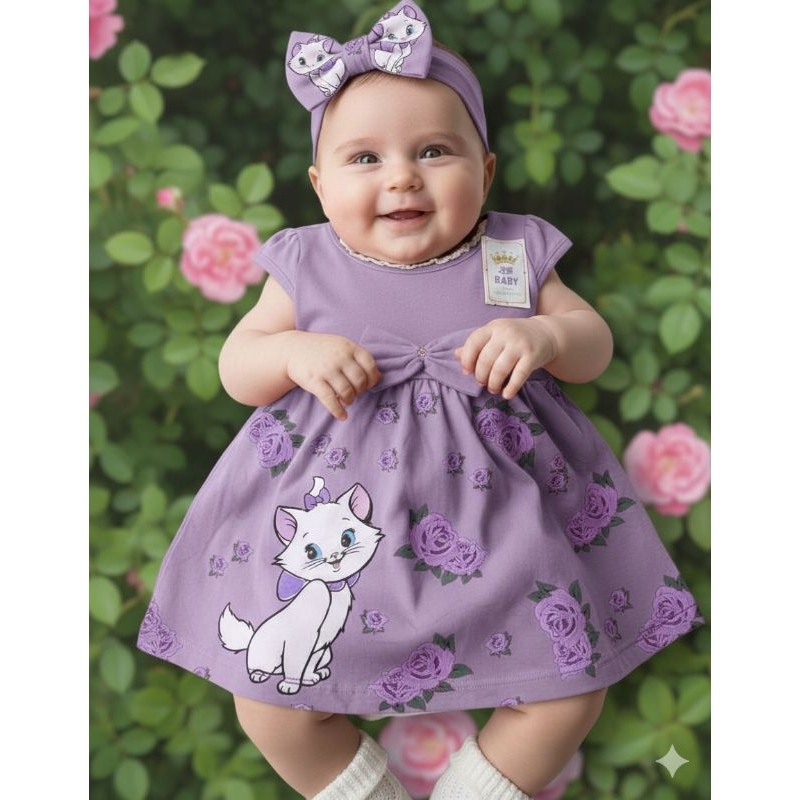 Vestido Bebê Gatinha Marie Lacinho no Vestido 0 a 6 Meses Co Orto Delicado Enxoval Bebê Várias Cores
