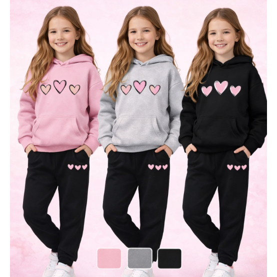 Conjunto Moletom Infantil Feminino Com Capuz + Calça Inverno Menina Quentinho Escola Passeio Dia a Dia Coração Blusa