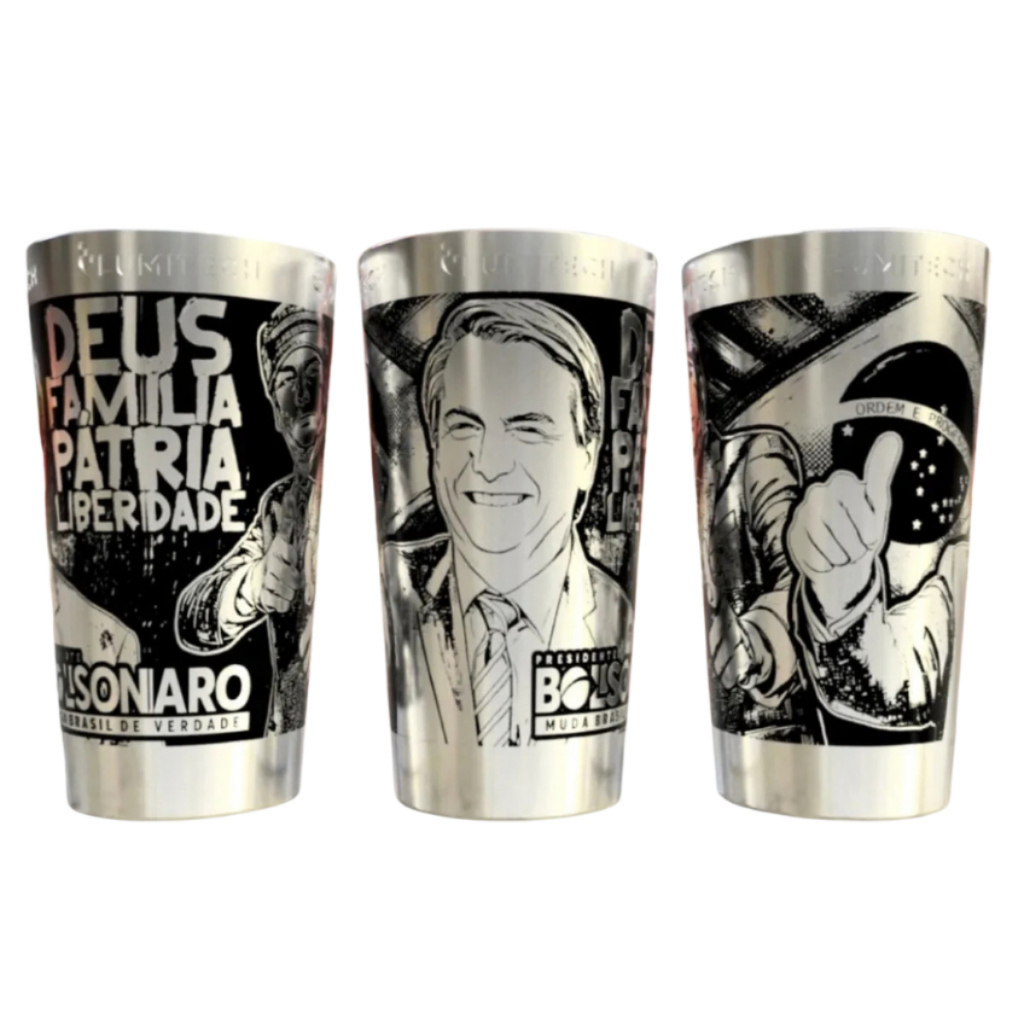 Copo Térmico Inox 473ml Flávio Bolsonaro E Jair Bolsonaro Tampa Abridor