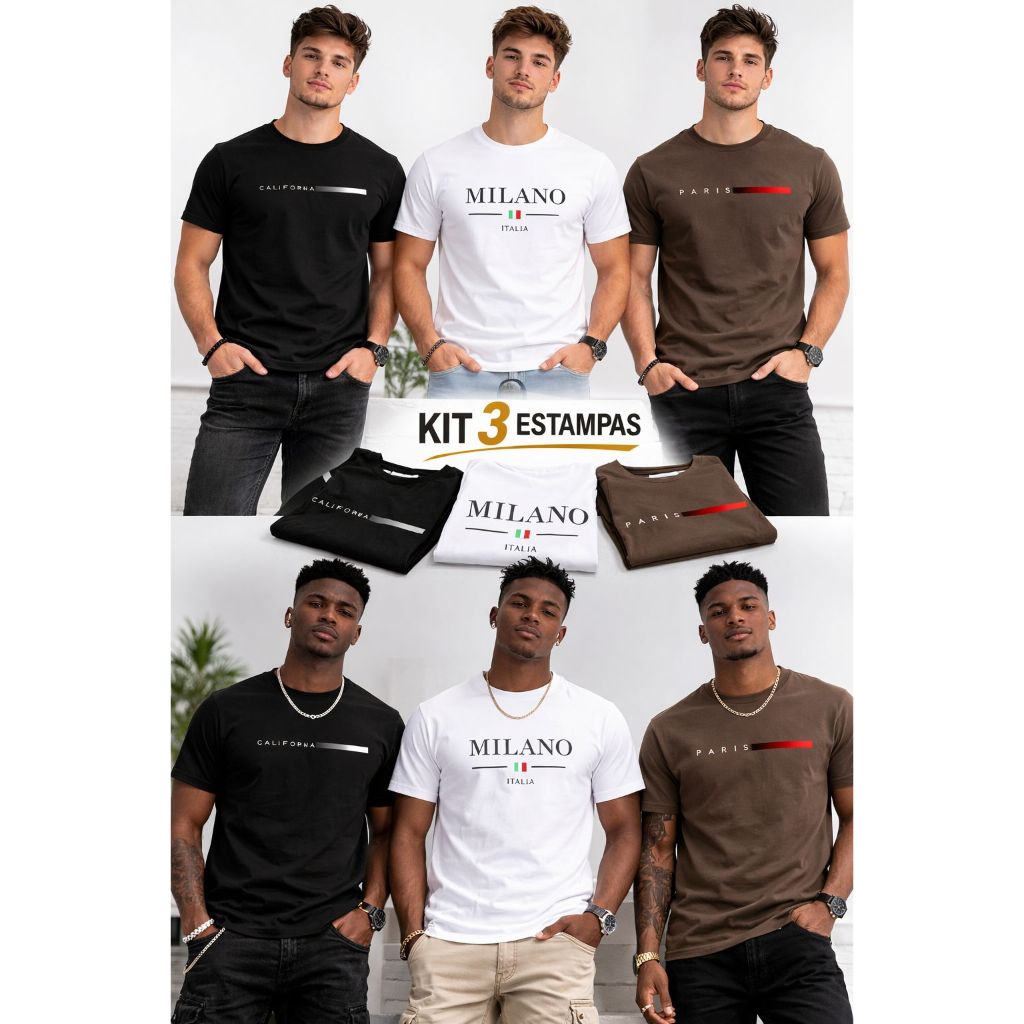 kit 3 camisetas masculinas slim fit estampadas milano paris california algodao premium casual