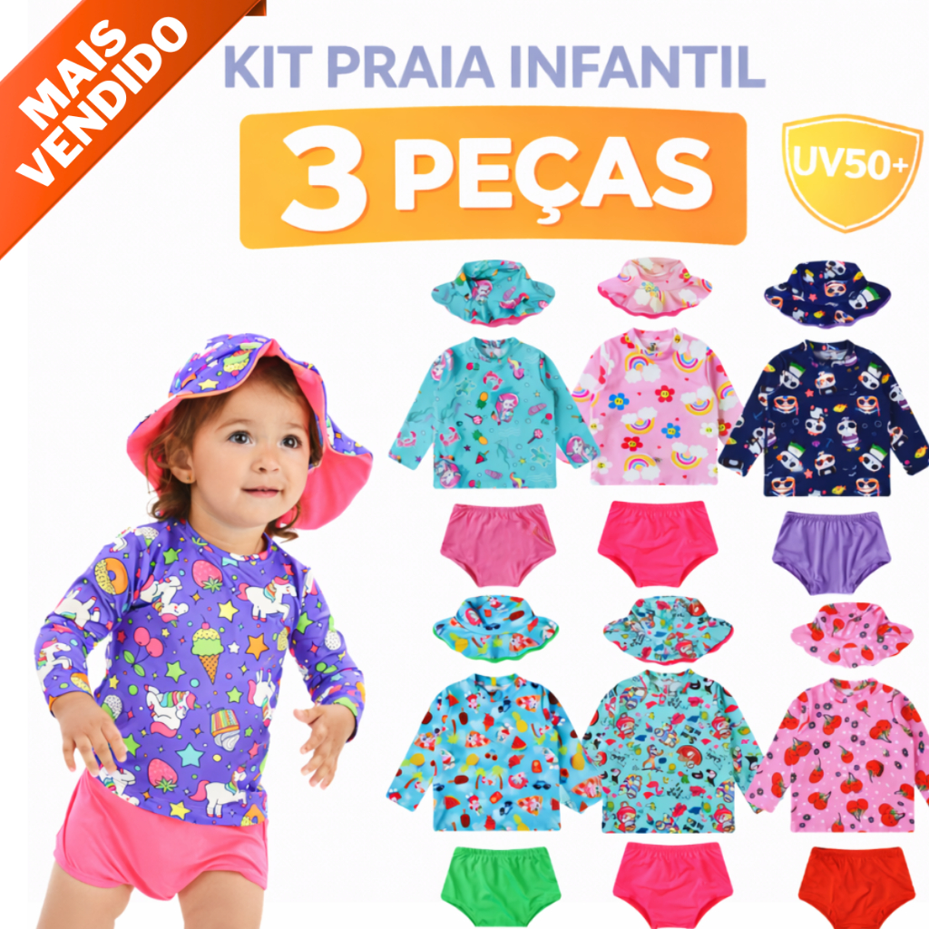 Kit Lote Blusa Proteção Solar Tapa Fralda Chapéu Bebê Infantil Moda Praia Meninas - Biquíni Infantil