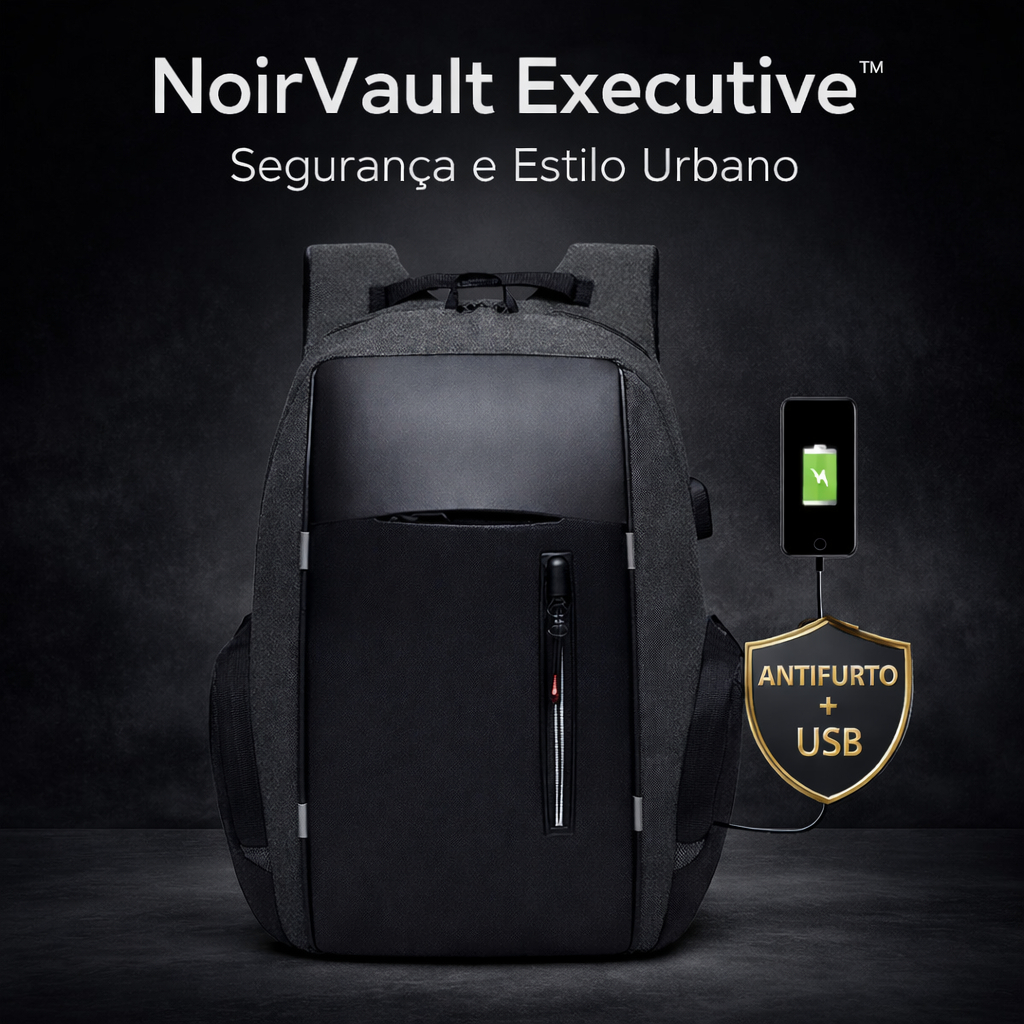 Mochila Antifurto Executiva com USB para Notebook 15.6 Impermeável Resistente NoirVault