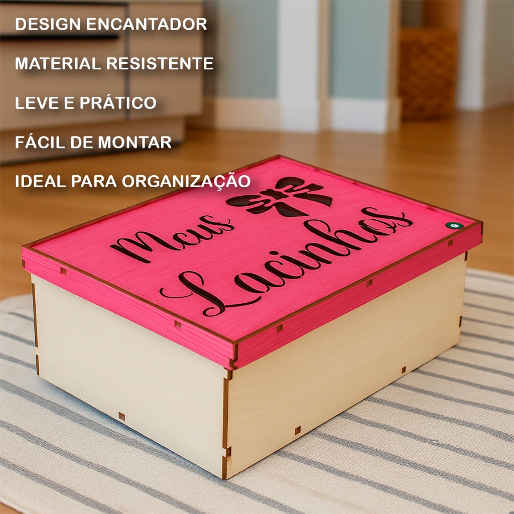 Caixa MDF Tampa Rosa Organizador de Lacinhos Porta Laços Guardar Tiaras Presilhas Prendedor Cabelo