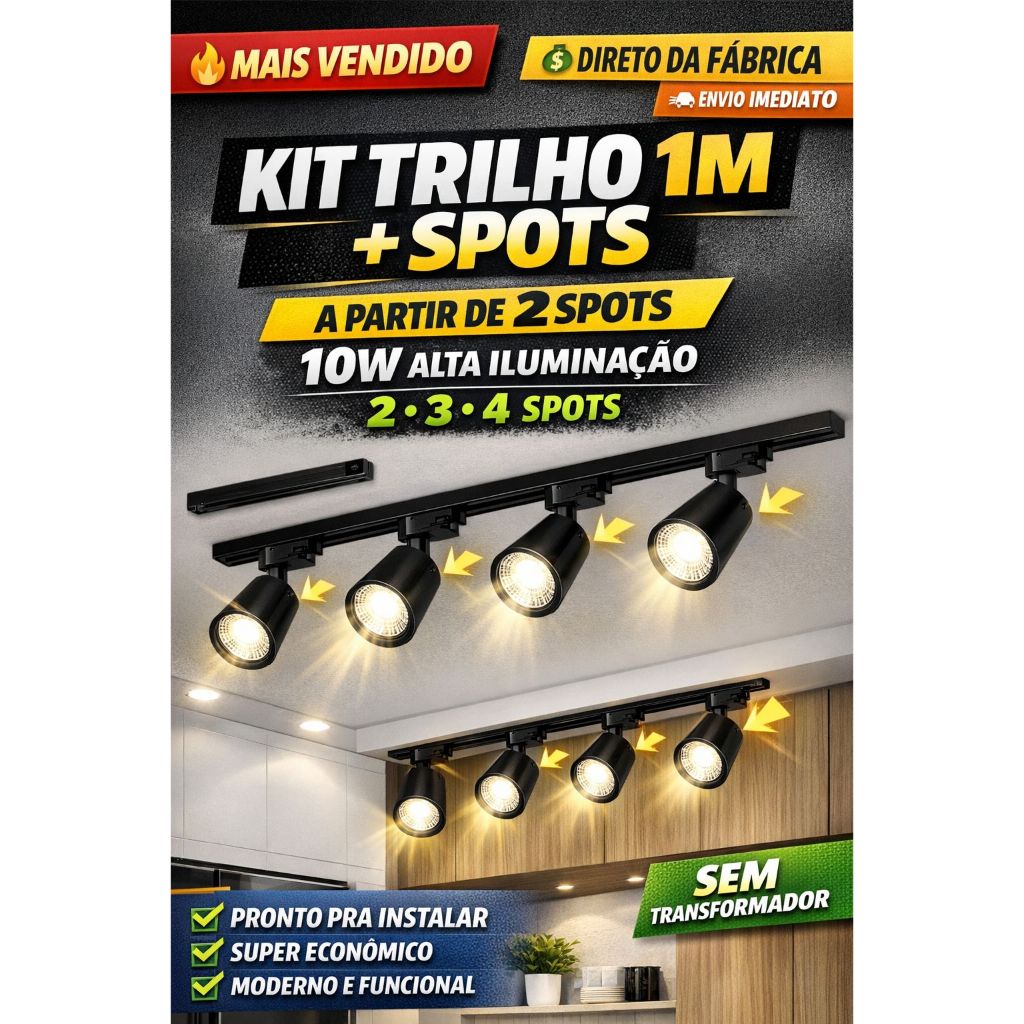 Kit Trilho 1M + Spots LED 10W Preto 3000k / 4000k / 6500k Bivolt Iluminação Direcionável - Kits com 2, 3 ou 4 Spots