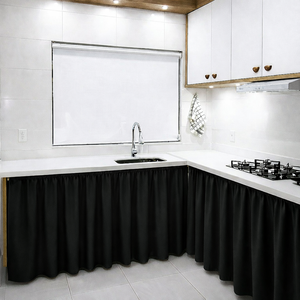 Cortina para Pia 0,80x2,80 Oxford Preta | Cortininha Cozinha Cuba Tanque Pia Balcão Gabinete Decoração
