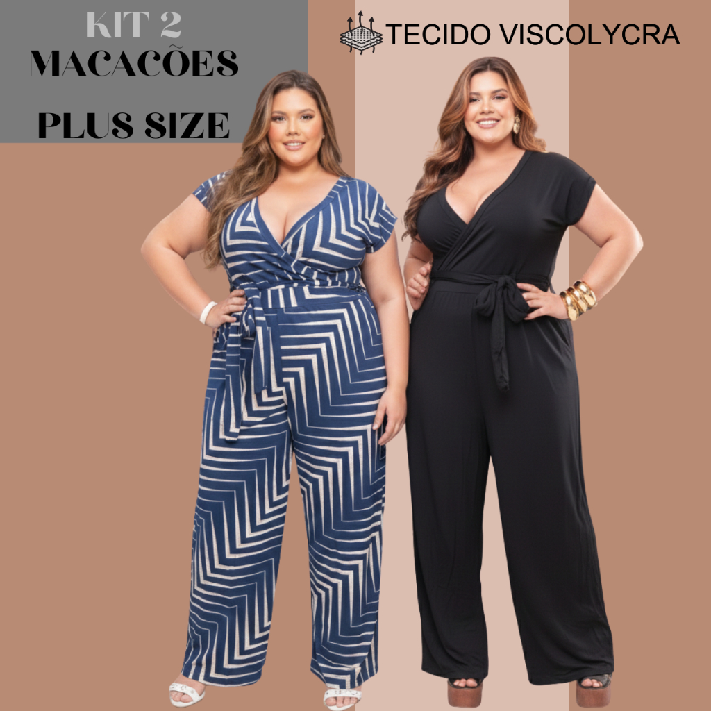 Kit 2 Macacão Feminino Plus Size Longo Macaquinho Liso Estampado Jardineira Macaquinhos Verão Pantalona Curvy Social em Oferta na Shopee