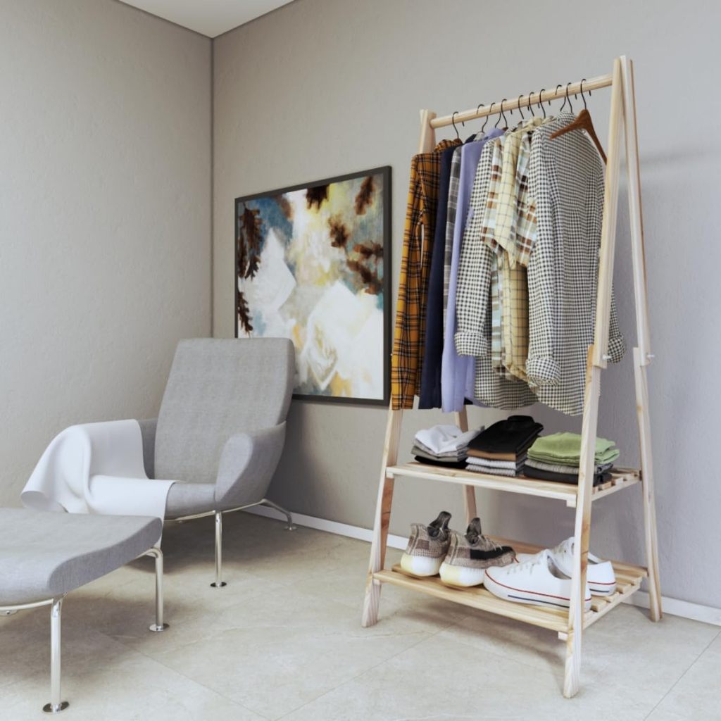 Arara de Roupas de Madeira com Prateleiras Organizador Closet Quarto Dobrável