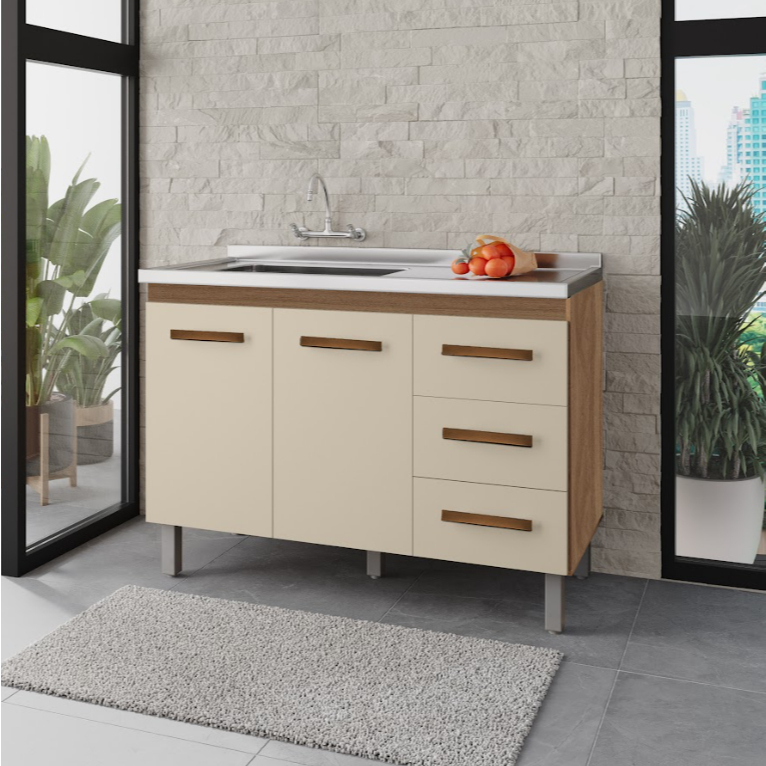 Balcão para Pia de Cozinha com 2 Portas e 3 Gavetas – 118x82,7x50cm ( Sem Tampo) em Oferta na Shopee