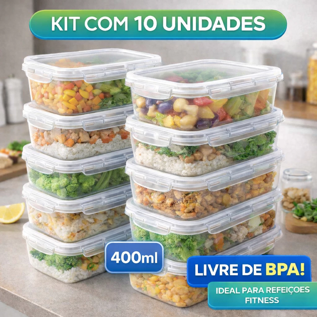 Kit 10 Potes Marmita Fit 400ML Retangular Com Tampa 4 Travas Jogo de Potes Livres de BPA — imagem 1