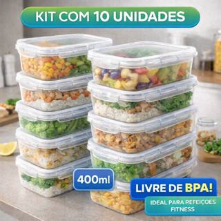 Kit 10 Potes Marmita Fit 400ML Retangular Com Tampa 4 Travas Jogo de Potes Livres de BPA em Oferta na Shopee