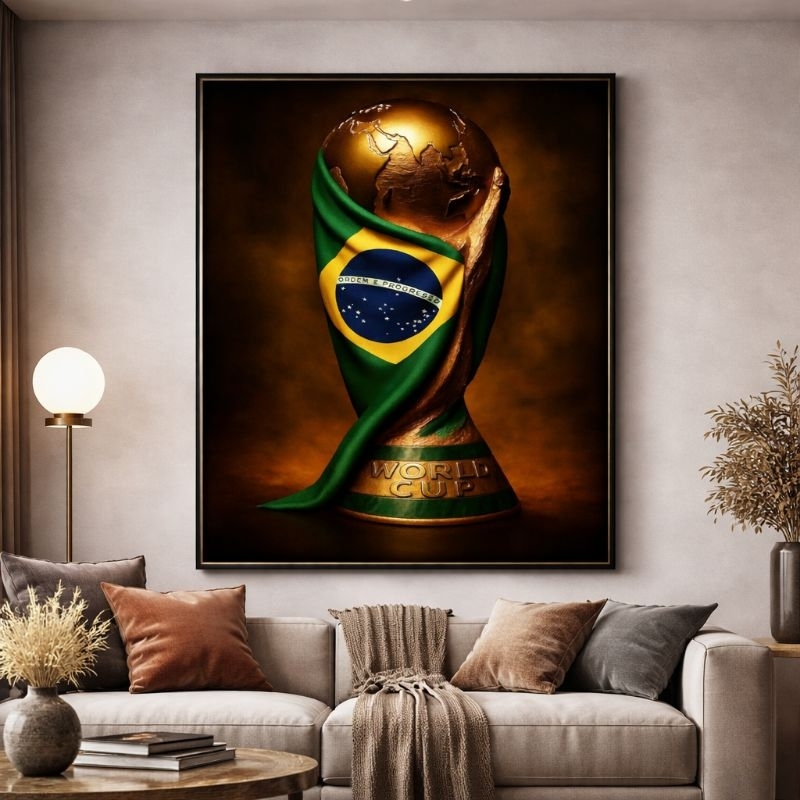 Quadro Decorativo Troféu Copa do Mundo Bandeira do Brasil Ordem e Progresso