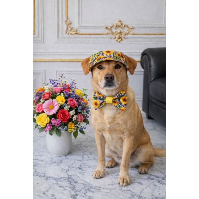 Boné Pet Girassol PP ao GG com Gravata Borboleta ou Laço | Chapéu Cachorro Festa Junina 100% Tricoline